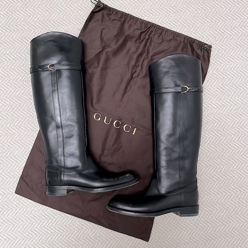 GUCCI Black Leather Knee High Boot with Slim Horsebit - Picture 3 of 13